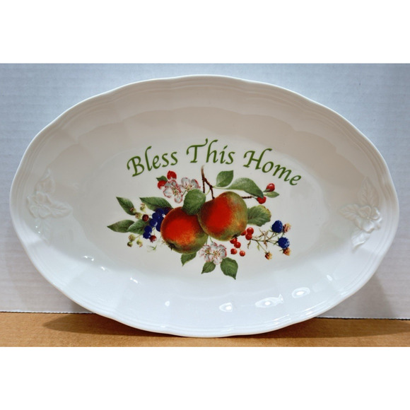 Lenox Orchard in Bloom "Bless This Home" Ceramic Serving Tray 11" x 7. 25" Apple - Picture 1 of 8